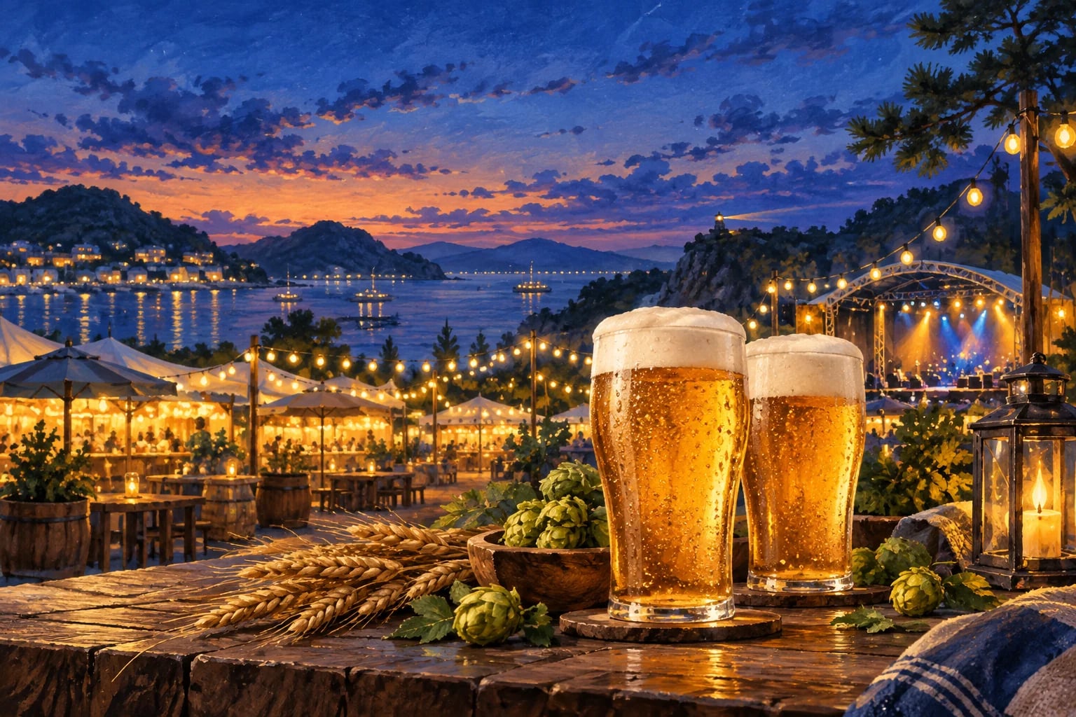 맥주잔과 보리·홉, 해질녘 야외무대를 그린 일러스트
