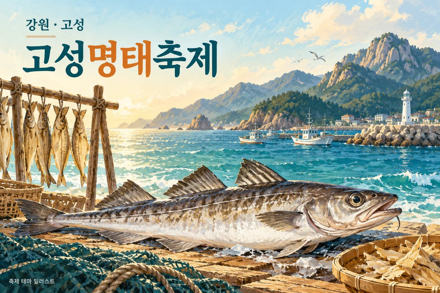 고성명태축제 제목과 명태, 항구를 그린 일러스트
