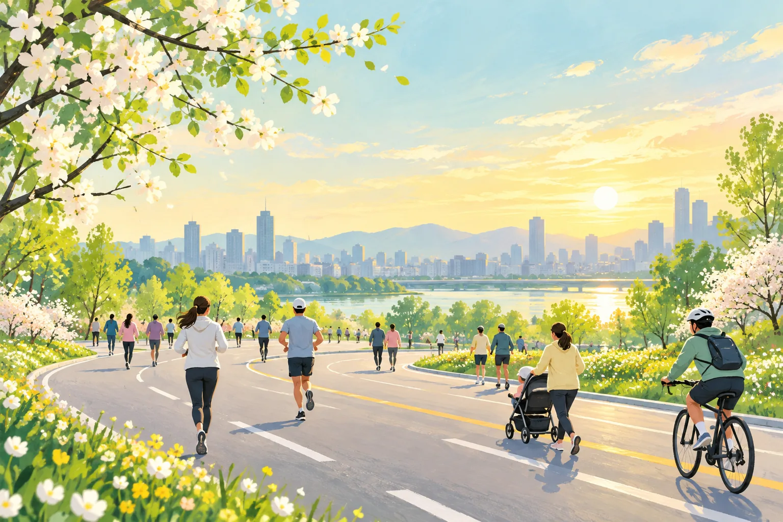아침 걷기·달리기·유아차 산책을 그린 쉬엄쉬엄 모닝 주제 일러스트 · 실제 행사 사진 아님