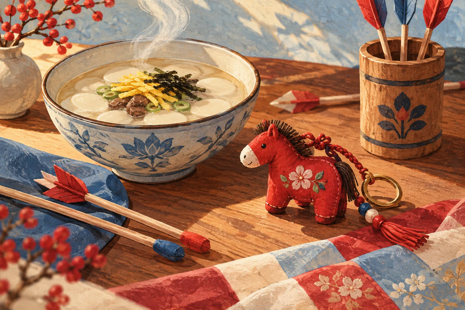 떡국과 붉은 말 공예·투호를 그린 운현궁 설맞이 주제 일러스트 · 실제 행사 사진 아님