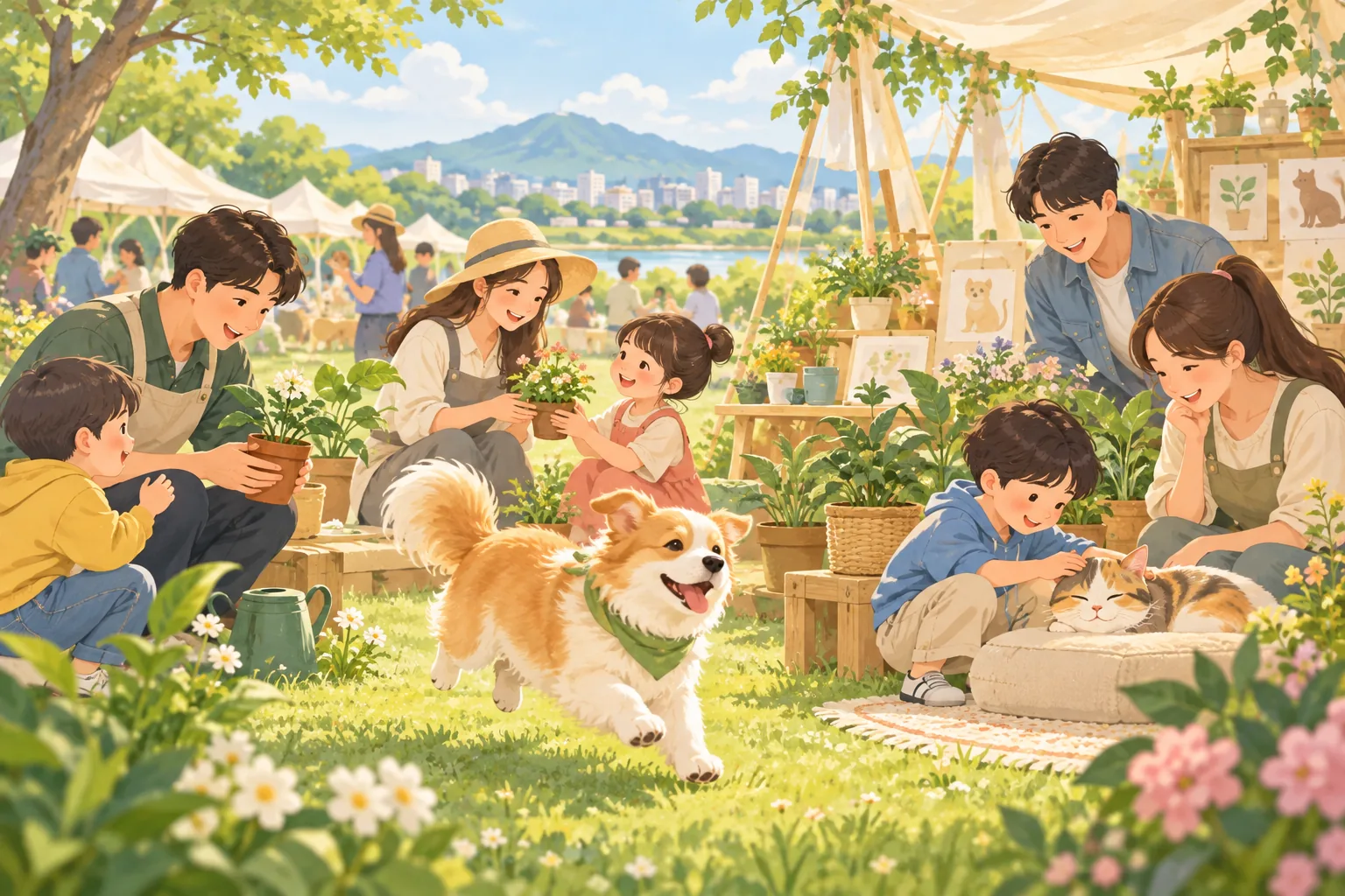 2026 경산 반려문화축제의 강아지·고양이·식물을 돌보는 사람들 주제 일러스트 · 실제 행사 사진 아님