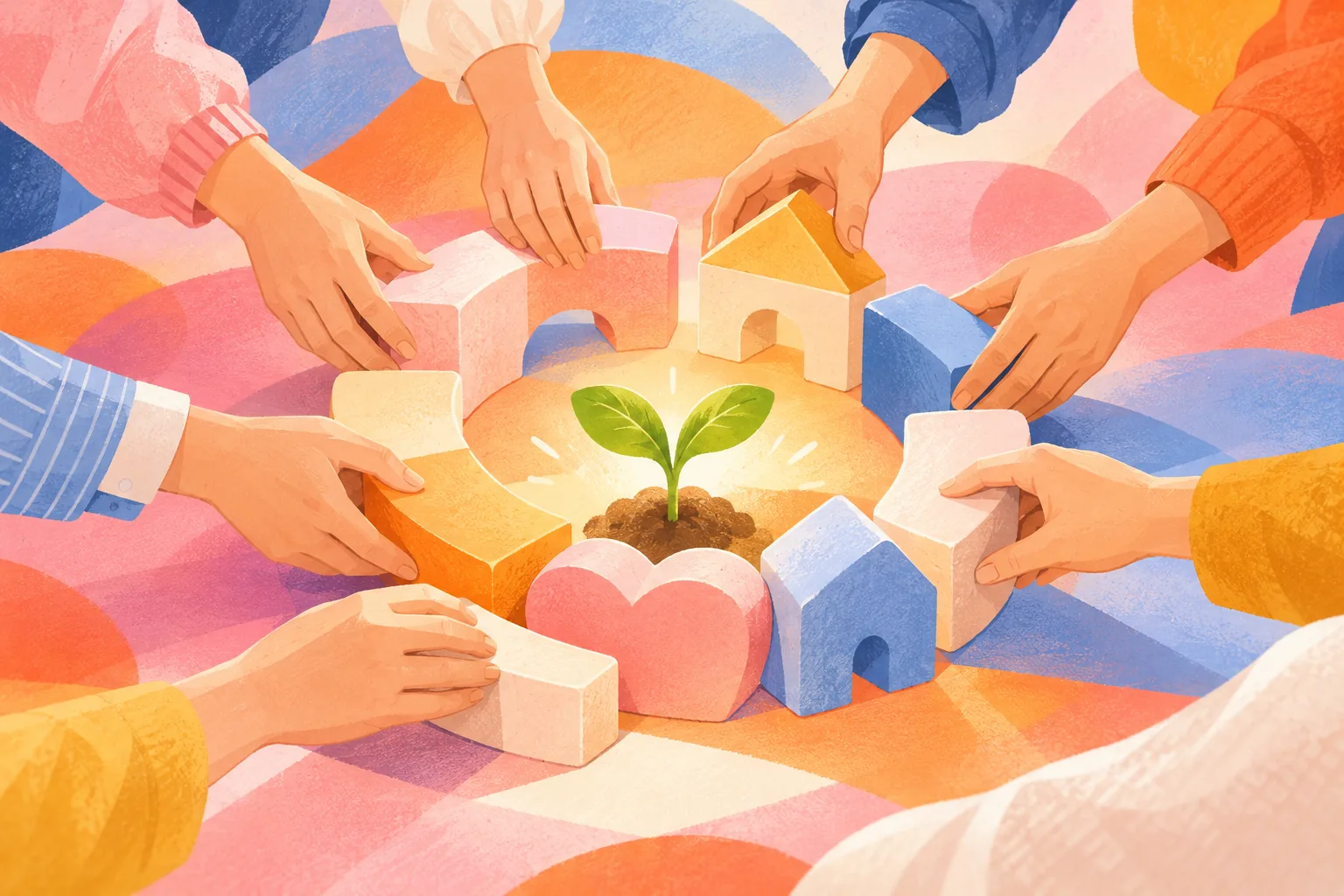 2026 서울 보육인 한마당 축제의 새싹을 둘러싸고 색깔 블록을 놓는 어른의 손 주제 일러스트 · 실제 행사 사진 아님