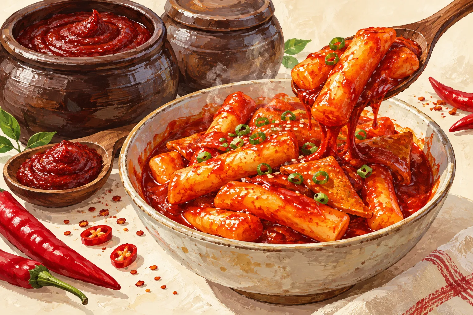 순창 코리아 떡볶이 페스타 — 고추장 항아리와 떡볶이 주제 일러스트 · 실제 행사 사진 아님