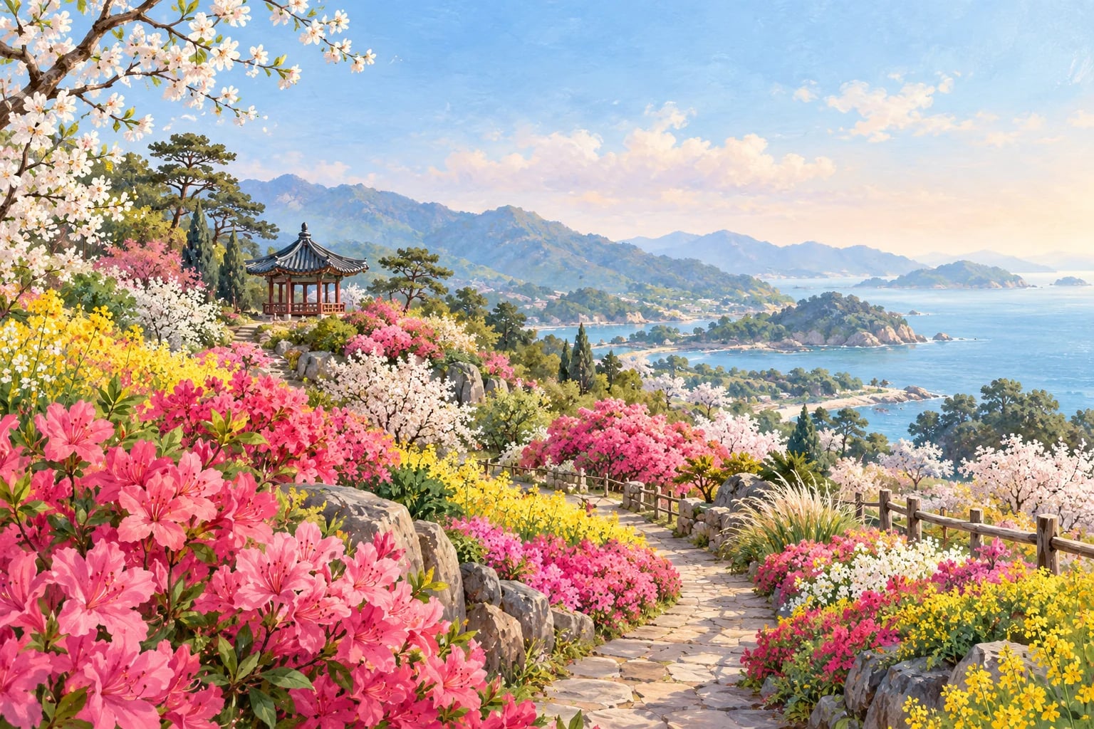 꽃이 핀 산책길과 정자, 바다 풍경을 그린 일러스트