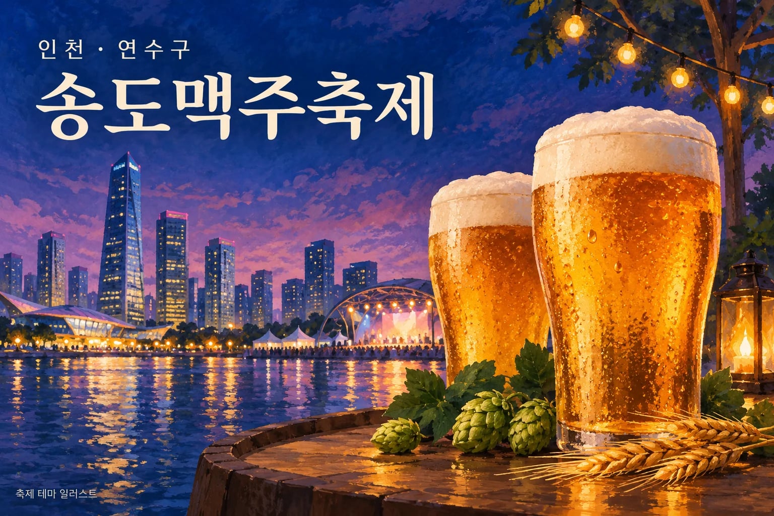 송도맥주축제 제목과 맥주잔, 도시의 밤 풍경을 그린 일러스트