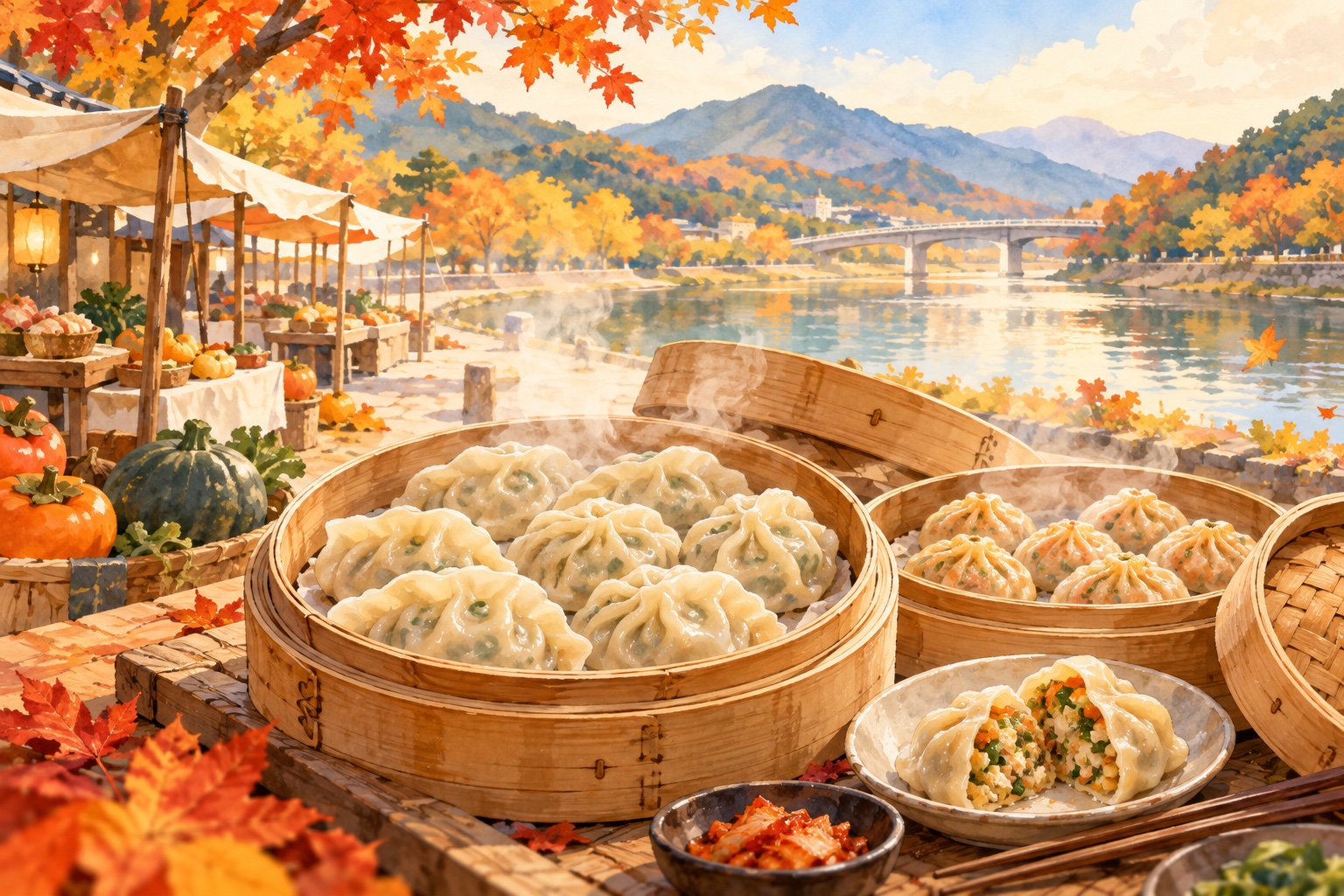 만두 찜기와 가을 시장을 그린 일러스트 · 실제 행사 사진 아님